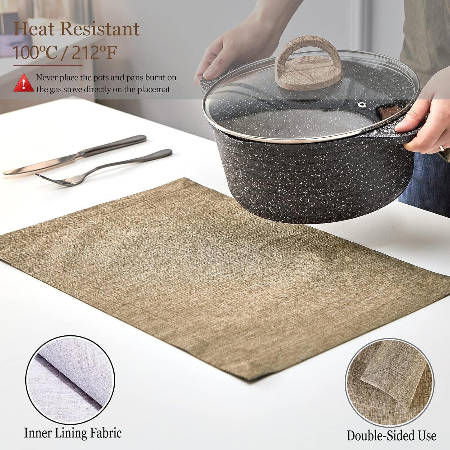 Mebakuk Cloth Placemats, Machine Washable Linen Style Thick Place Mats, Heat Resistant and Easy to Clean Fabric Table Mats for Kitchen Dining Table (Mocha, Set of 6)