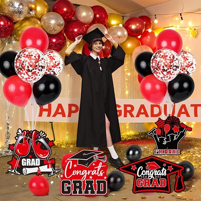 6 Sets Black Red Graduation Balloon Stand Kit for Table Decorations Class of 2025 Congrats Grad Table Centerpiece Grad Prom Themed Decoration for Grad School & College Ceremonies Party Supplies