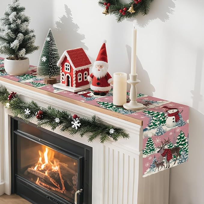 Artscope Reindeer Snowman Christmas Tree Table Runner, Xmas Winter Snowflakes Holiday Kitchen Dining Table Decoration for Christmas Home Party Decor 13x72 Inch-Pink