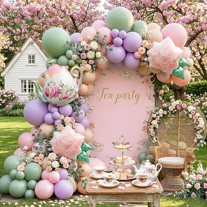 Tea Party Balloon Garland Kit 150Pcs – Pink Sage Green Pastel Purple Balloons with Teapot & Floral Foil – Garden Party Decorations, Baby Shower, Bridal Shower, High Tea, Let's Partea Decor