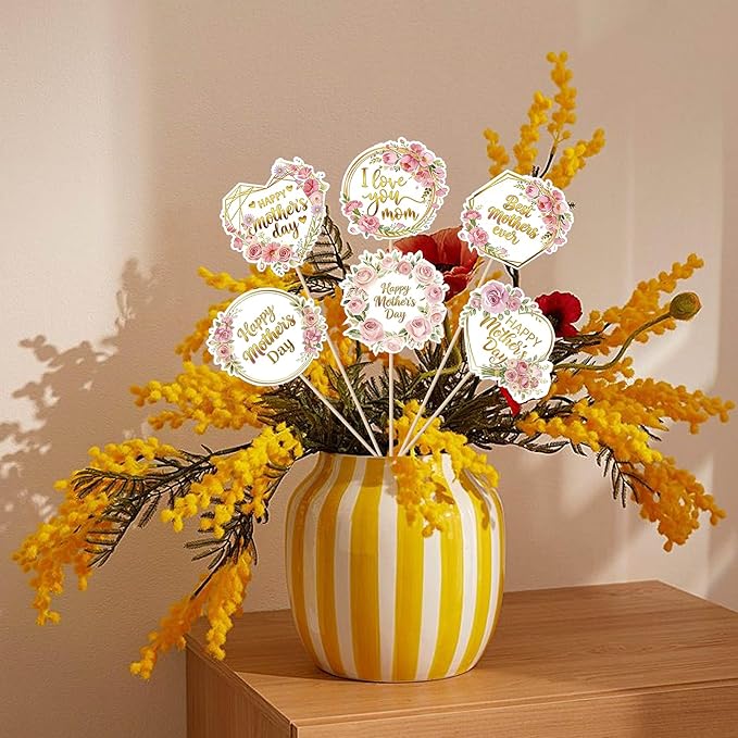 18 PCS Happy Mother's Day Centerpiece Sticks Double Sided Love Mother Best Mom Table Centerpieces Rose Flowers Love Mom Floral Decorations for Happy Mother's Day Theme Women Birthday Party Supplies