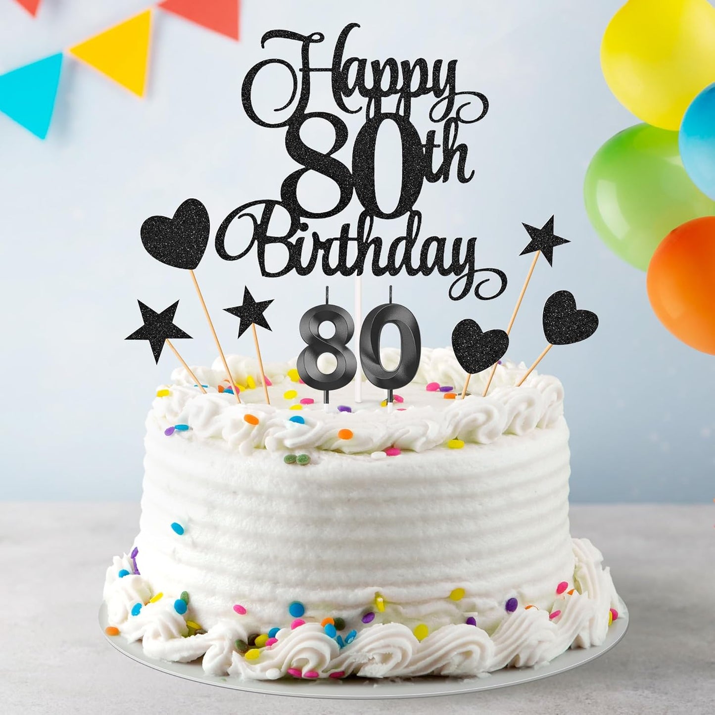 80th Birthday Cake Decorations, 80th Birthday Candles Cake Numeral Candles and Glitter Happy 80th Birthday Cake Toppers Set for Birthday Party Supplies (Black)