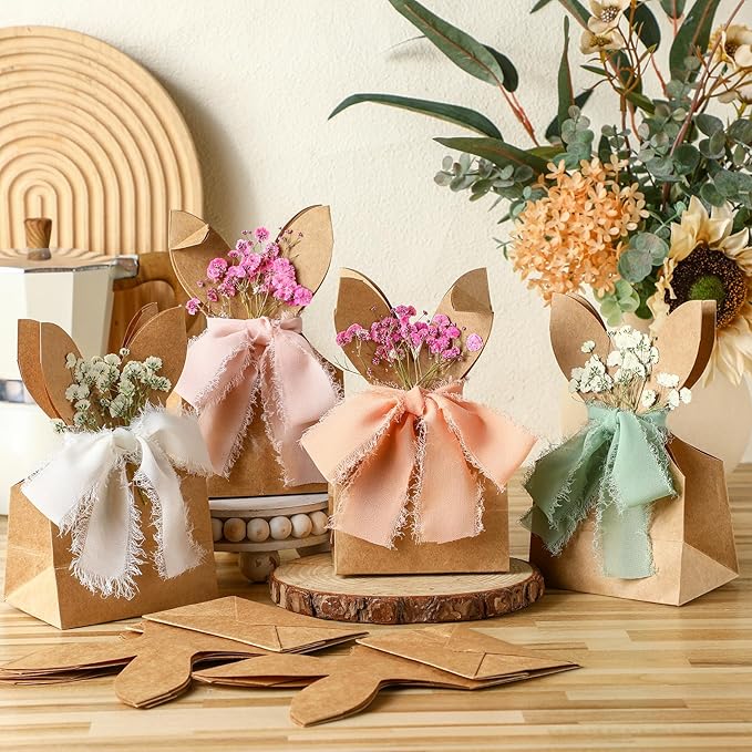 Affrolling 48 Set Boho Bow Easter Bunny Party Favor Bags DIY Bunny Gift Boxes with Neutral Bow Ribbon and Dried Flowers Rustic Paper Rabbit Ears Treat Bags Bulk for Easter Spring (Neutral Pastel)