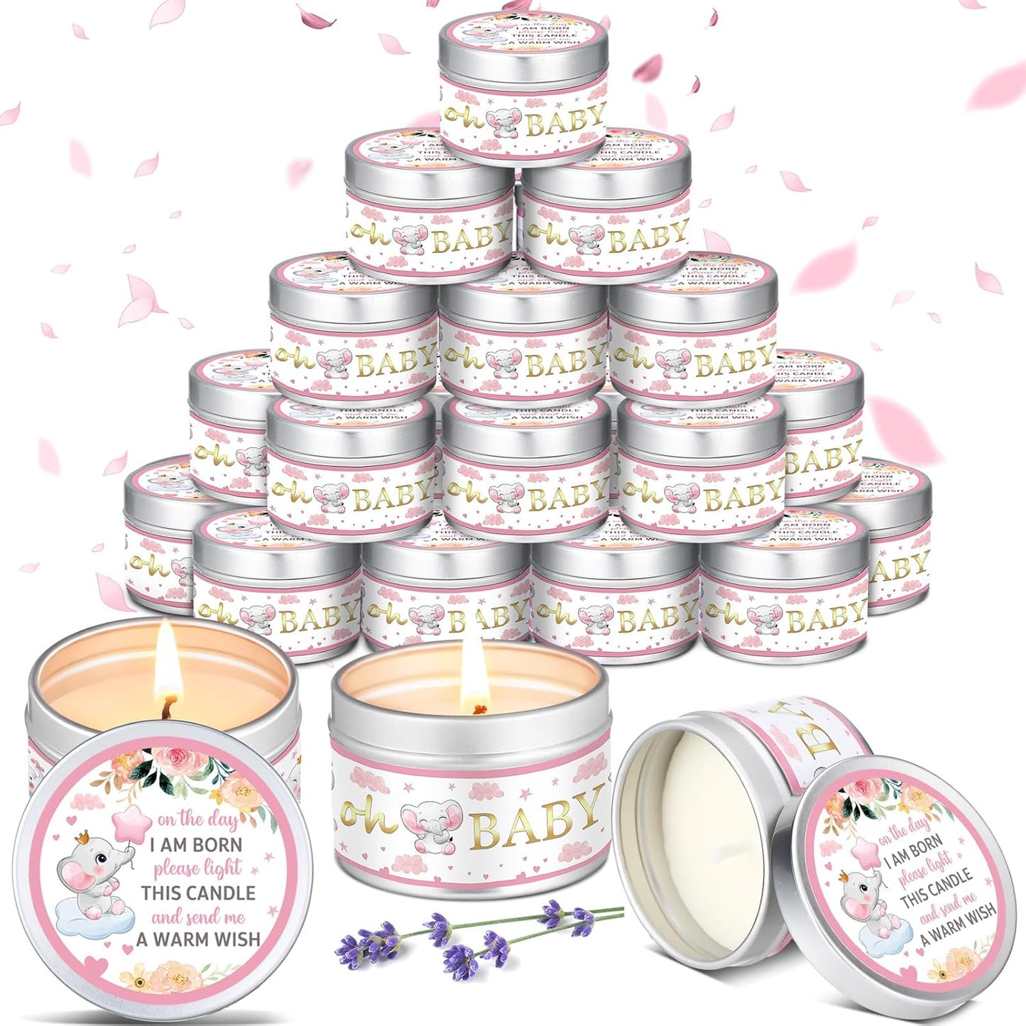 MTLEE 24 Pcs Elephant Baby Shower Party Favors Candles Lavender Scented Baby Shower Favors for Guests Rustic Tealights Candles Gender Reveal Return Gifts Girl Boy(1.2 Oz, Pink)