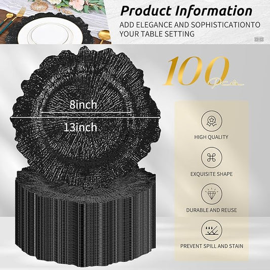 Pesonlook 100Pcs Black Charger Plates Round 13inch, Reef Plate Chargers for Dinner, Bulk Plastic Floral Table Charger Plates for Dinner Wedding Party Event Table Setting Decoration(Black)