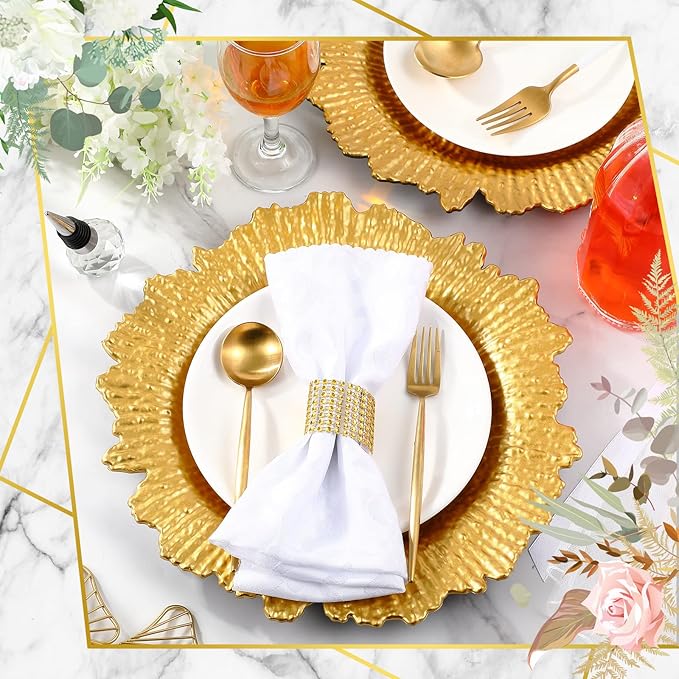 Rtteri 50 Pcs 13 Inch Charger Plates Bulk, Plastic Charger Plates with Floral Reef Design, Round Ruffled Rim Decorative Dinner Tableware for Wedding, Party, Event Table Decor(Gold)