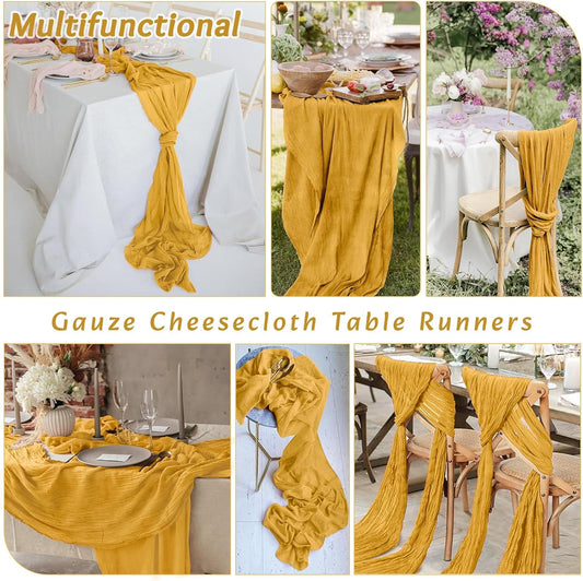 4Pack Gold Table Runner 10FT Cheesecloth Table Runner 35x120Inch Long Boho Cheese Cloth Table Runners Rustic Gauze Fall Table Runners for Party Wedding Bridal Shower Baby Shower Decorations