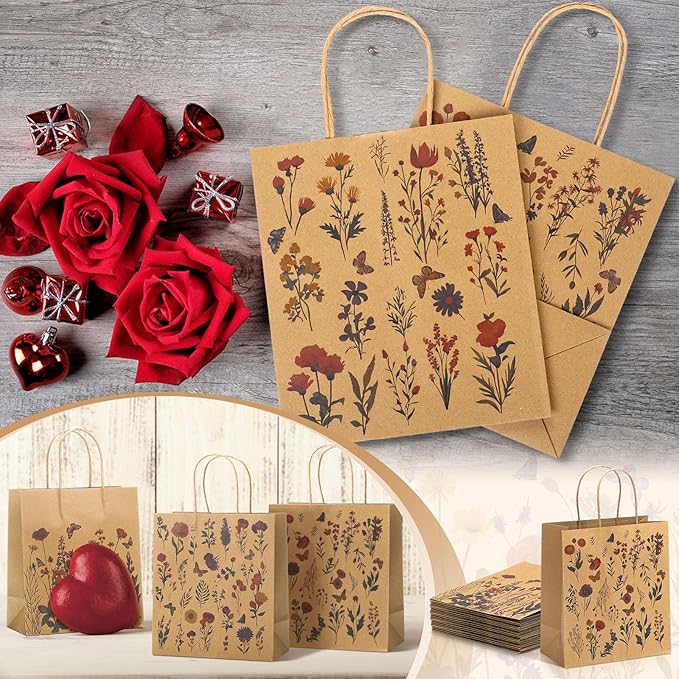 Kolldenn 24 Pcs Vintage Floral Wildflower Gift Bags Flower Kraft Paper Printed Candy Goodie Bags with Handles for Spring Party Supplies Wedding Baby Shower Birthday 8 x 3.9 x 9 in, 6 Styles