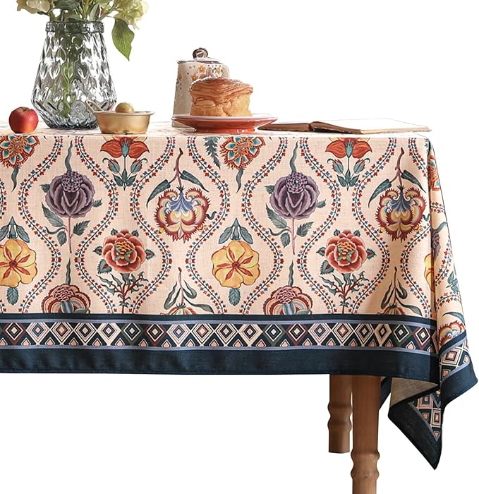 Vintage French Rectangular Tablecloth,Linen Tablecloth with Rose and Cornflower Pattern,Decorative Table Cover for Kitchen,Dining,Thanksgiving,Tea Party,55" × 87"-Lanae