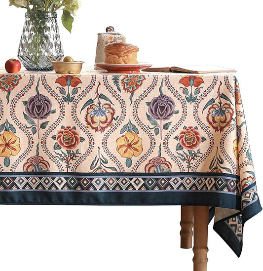 Vintage French Rectangular Tablecloth,Linen Tablecloth with Rose and Cornflower Pattern,Decorative Table Cover for Kitchen,Dining,Thanksgiving,Tea Party,55" × 87"-Lanae