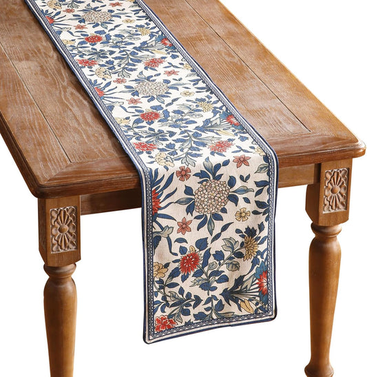patdrea Designer Blue Cottage Rustic Floral Patterned Linen Table Runner 102 Inch Long,Wrinkle Resistant Table Mat,Decoration for Kitchen Dining and Coffee Tables Banquet Christmas ,12"x102"