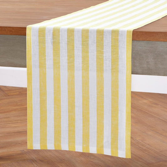 Solino Home Linen Table Runner 36 Inches - Sorrento Stripe 100% Pure Linen Yellow and White Table Runner 14 x 36 Inch Ideal for Dresser and Coffee Tables