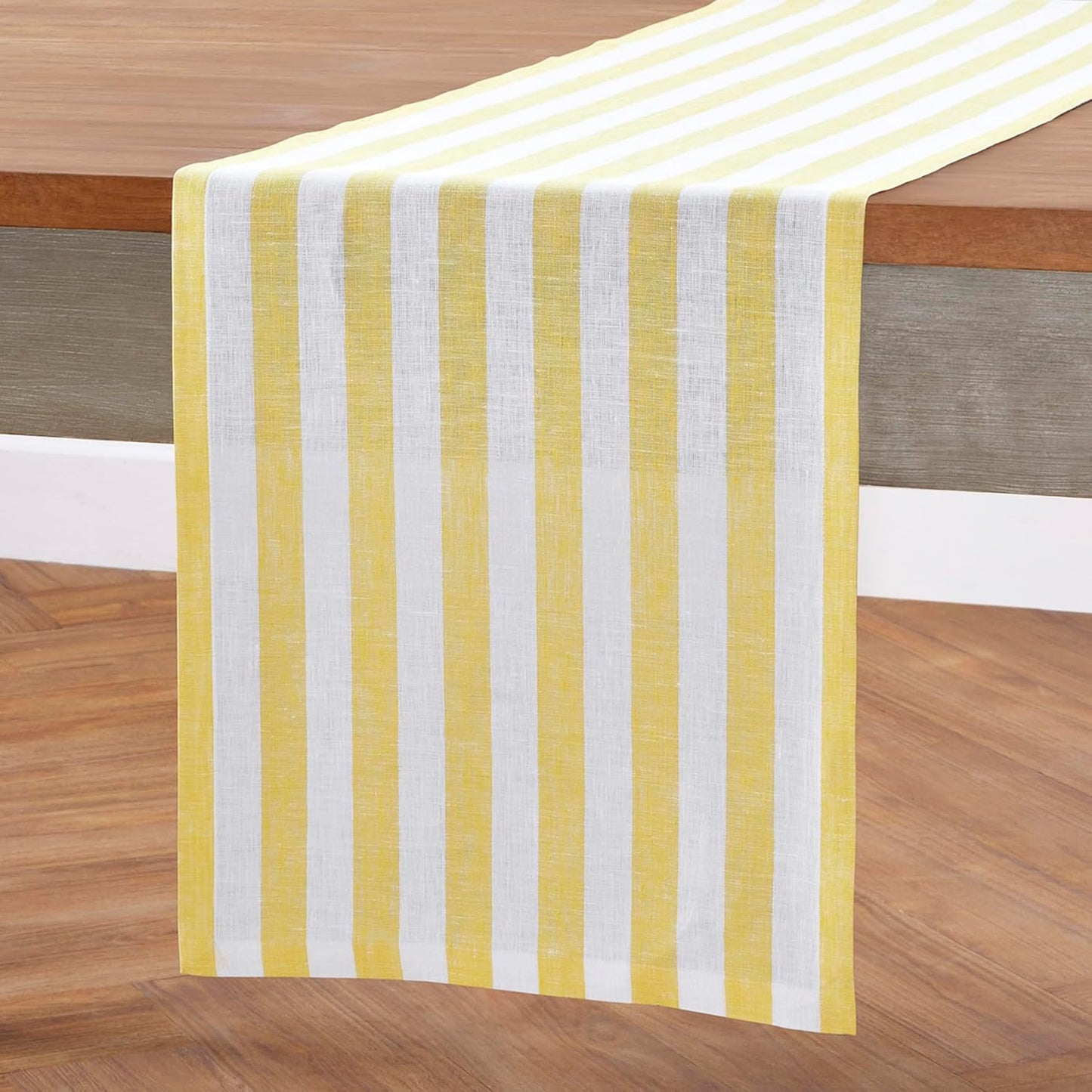 Solino Home Linen Table Runner 72 Inches Long - Sorrento Stripe, 100% Pure Linen Yellow and White Table Runner 14 x 72 Inch for Dining, Dresser