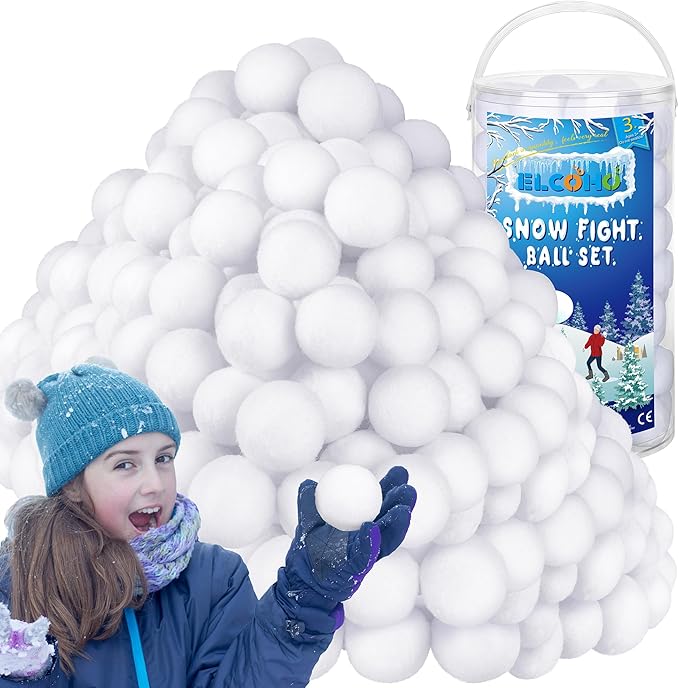 Elcoho 200 Pieces 2 Inch Artificial Snow Toy Ball Set with Bucket for Storage Kids Snow Fight Ball Realistic Snow White Plush Toss Ball for Kids Toss Game Winter Snow Fight Indoor Outdoor Xmas Decor