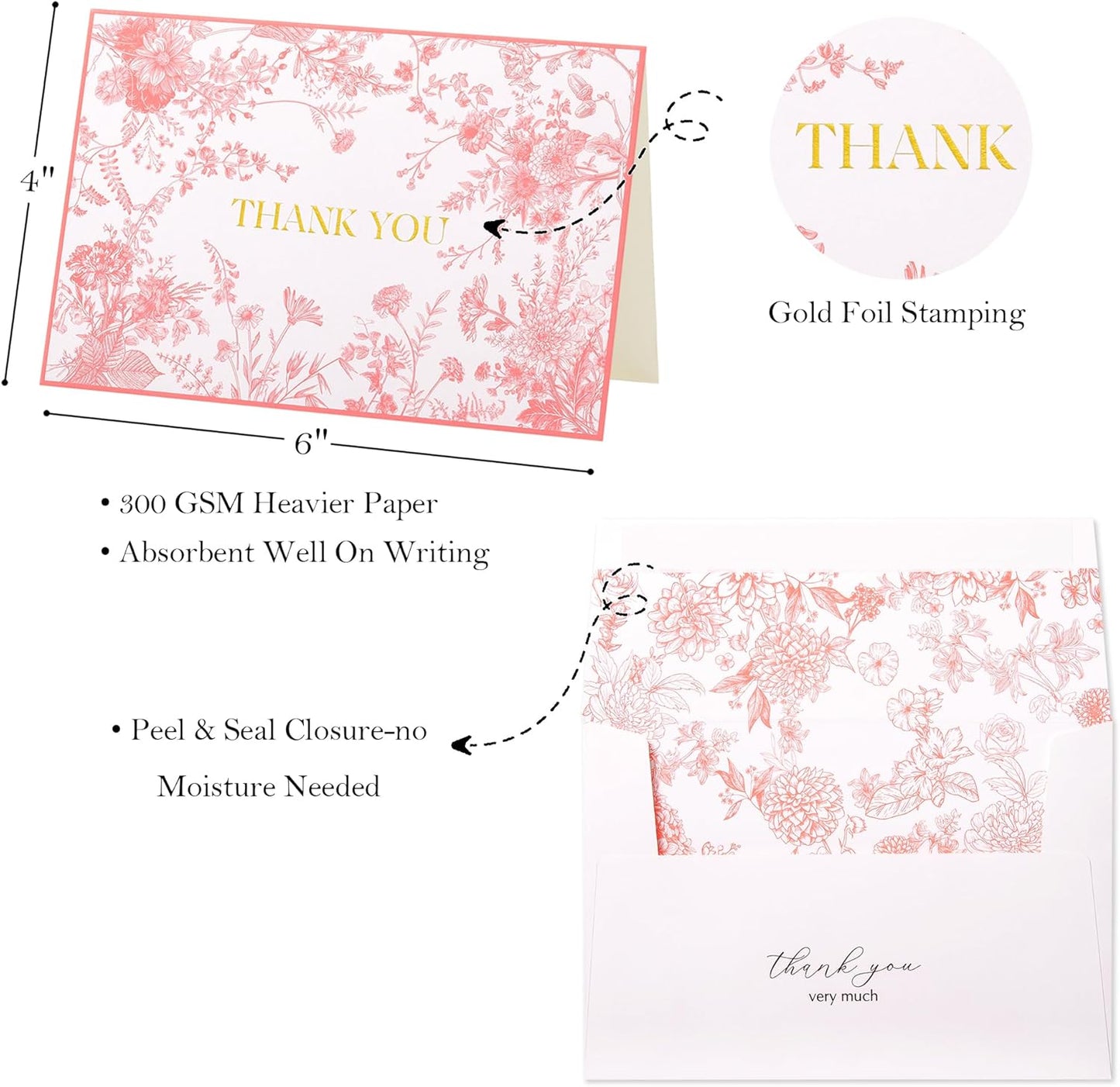 Crisky Pink Floral Thank you cards Gold Foil Greeting Notes Bulk with Envelopes(50 Pack) for Birthday, Baby Shower, Bridal Shower, Wedding, Graduation