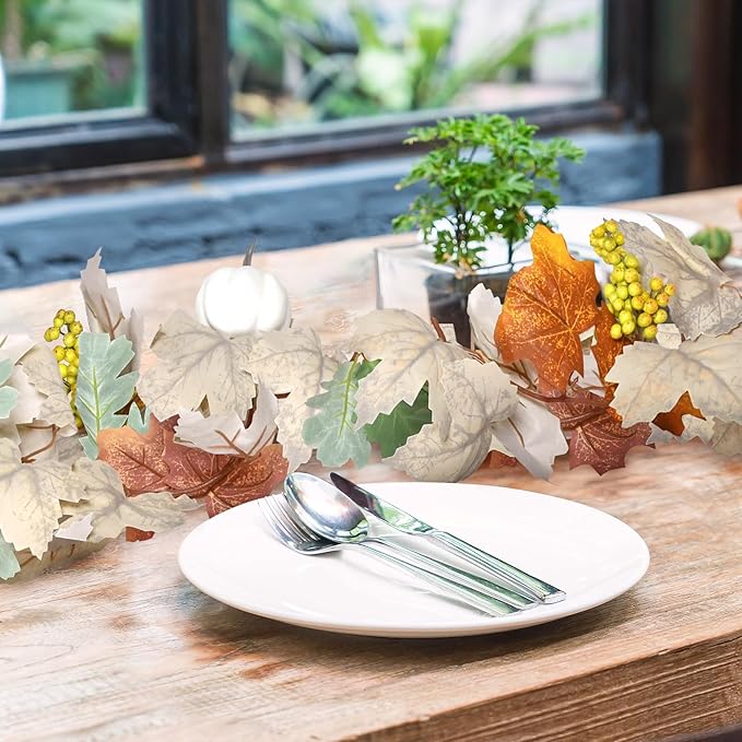 Fall Garland with Pumpkins and Berries – 6ft Artificial Maple Leaf Garland with Cream and Orange Leaves for Thanksgiving, Fireplace, Front Door, Farmhouse Autumn Decorations