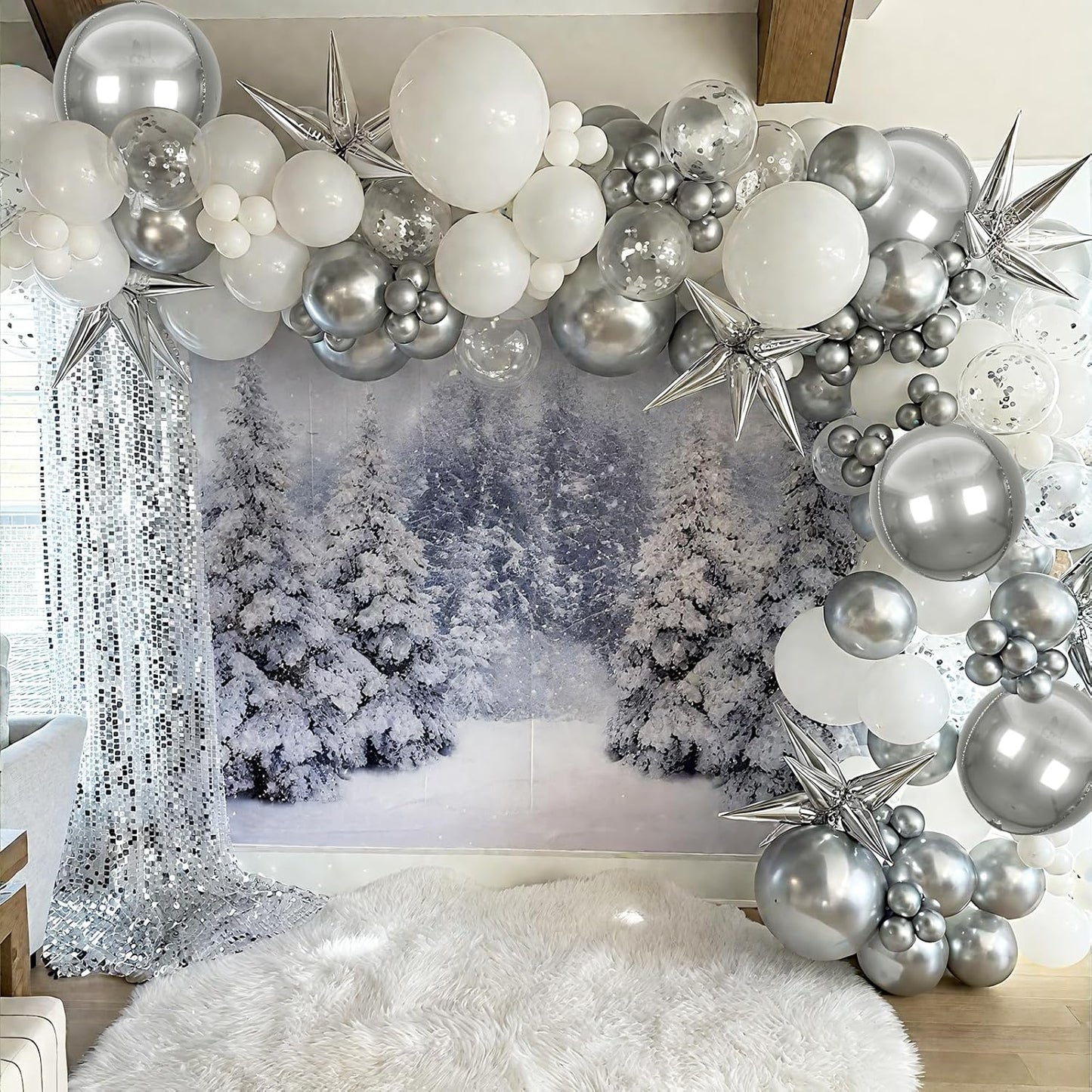 White Silver Balloons Garland Arch Kit, 113pcs White Grey Clear Balloons, Confetti Silver Explosion Star 4D Foil Balloons for Winter Wonderland Holiday Christmas Birthday Ice Snow Party Decorations