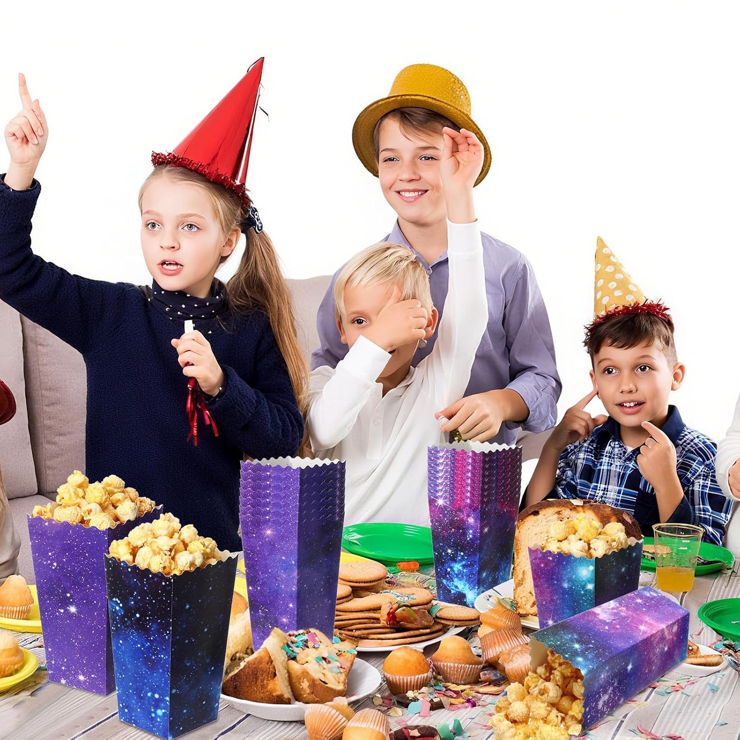 Honoson 48 Pcs Galaxy Popcorn Boxes 6 x 2.4 Inches Outer Space Popcorn Bucket Disposable Paper Food Trays Candy Goodies Treat Container for Birthday Movie Night Baby Shower Party Favor Supplies