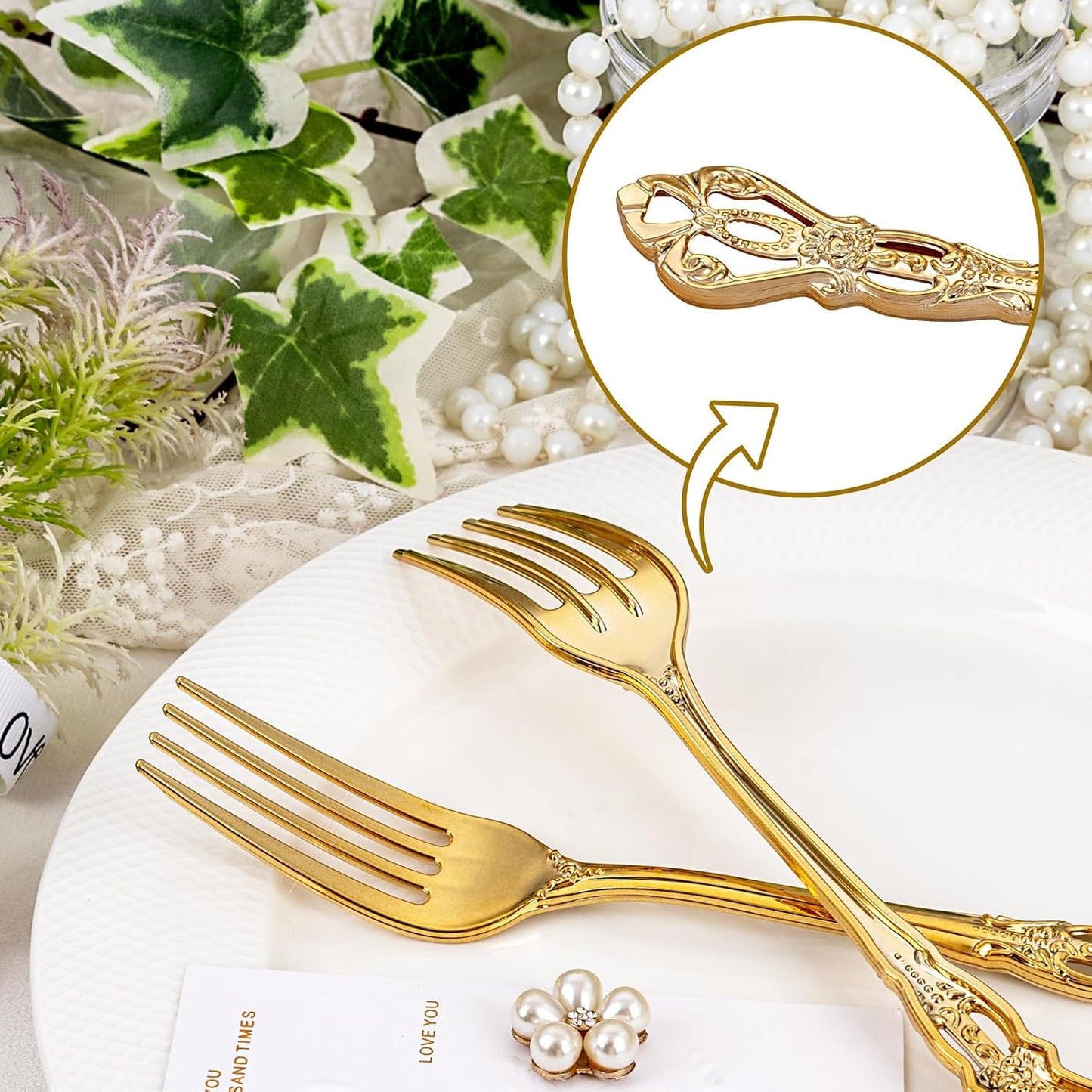 30PCS Gold Plastic Forks - 8.1inch Gold Forks Disposable - Vintage Heavy Duty Dessert Forks - Premium Fancy Plastic Silverware for Parties, Weddings, Dinners and Events