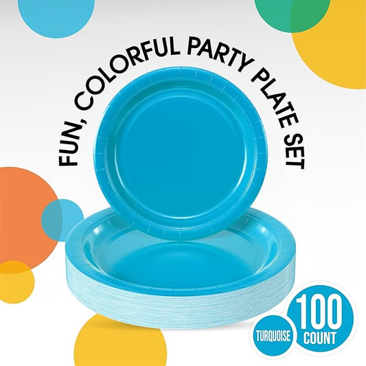 Exquisite Turquoise Paper Plates Disposable Heavy Duty 100 Pcs - 50-7" & 50-9" Turquoise Disposable Plates For Party Heavy Duty Paper Plate 350 GSM Birthday Party Supplies Plate Set