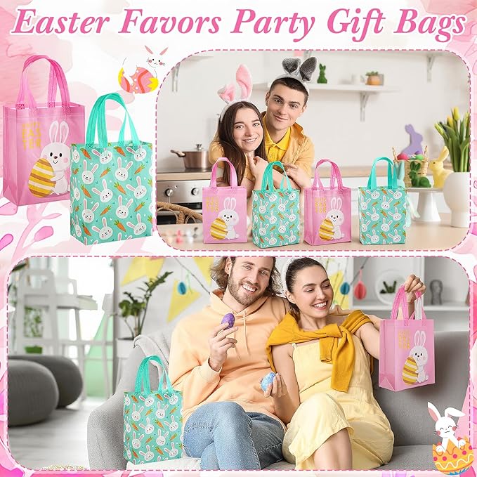 Wovnet 30 Pcs Easter Gift Bags Pastel Colors Easter Bunny Goodie Treat Tote Bags with Handle Reusable Non Woven Rabbit Carrots Party Favor Pouch for Spring Party Supplies 10 x 8 x 4in