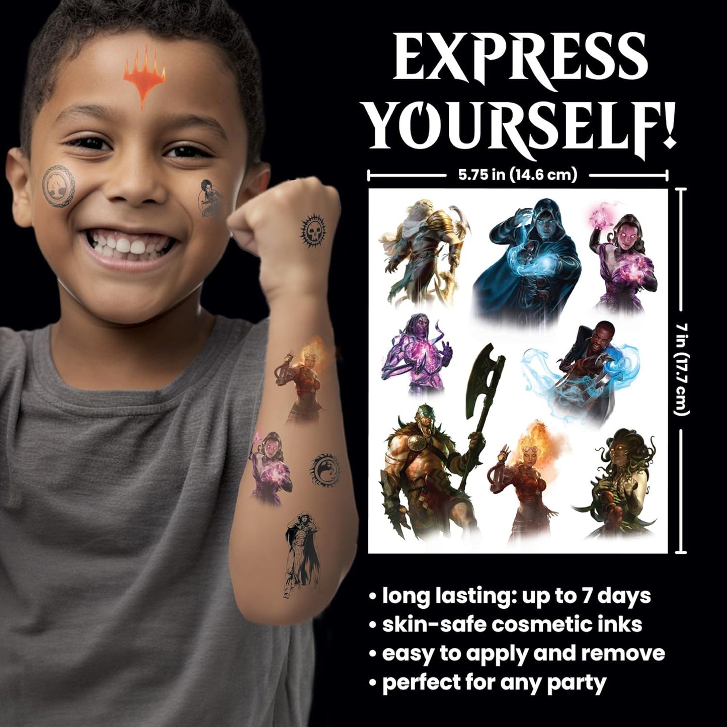 Savvi - 50 Magic the Gathering Temporary Tattoos: Skin-Safe Ink, Great for Birthday Parties, Gifts for Boys and Girls Ages 4-12+, Made in the USA [6 sheets, 50 count]