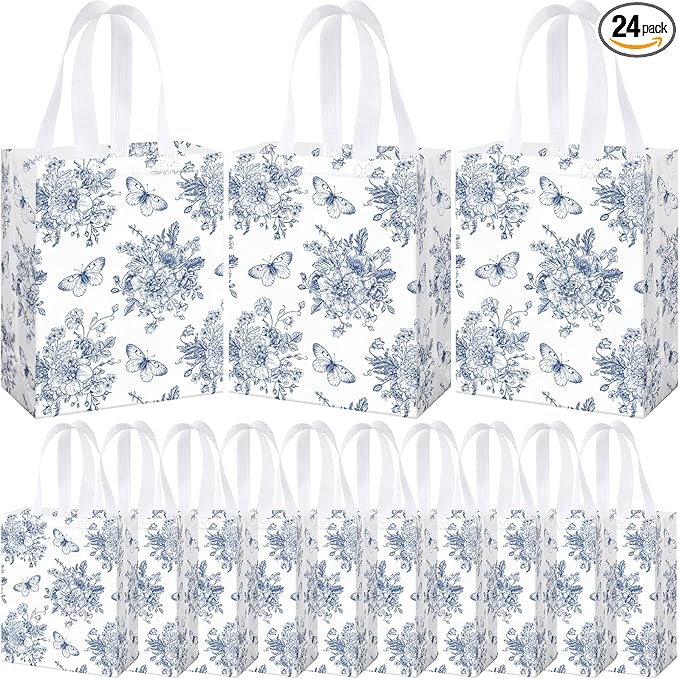 Supervitae 24 Pack Blue Floral Theme Gift Bags Medium Floral Party Favor Flower Totes Reusable Totes Non Woven Goodie Bags for Wedding Birthday Baby Shower Family Holiday Travel(9.8" x 7.9" x 3.9")