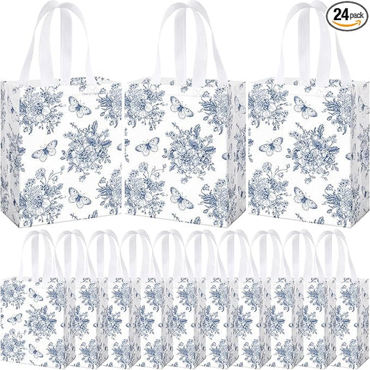 Supervitae 24 Pack Blue Floral Theme Gift Bags Medium Floral Party Favor Flower Totes Reusable Totes Non Woven Goodie Bags for Wedding Birthday Baby Shower Family Holiday Travel(9.8" x 7.9" x 3.9")