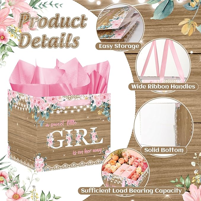 Woosytoo Extra Large Rustic Girl Gift Bag, Floral Sweet Baby Girl Square Gift Bag with Tissue Paper A Sweet Little Girl is on Her Way Wrapping Paper Bags for Baby Shower Gender Reveal Party Favors