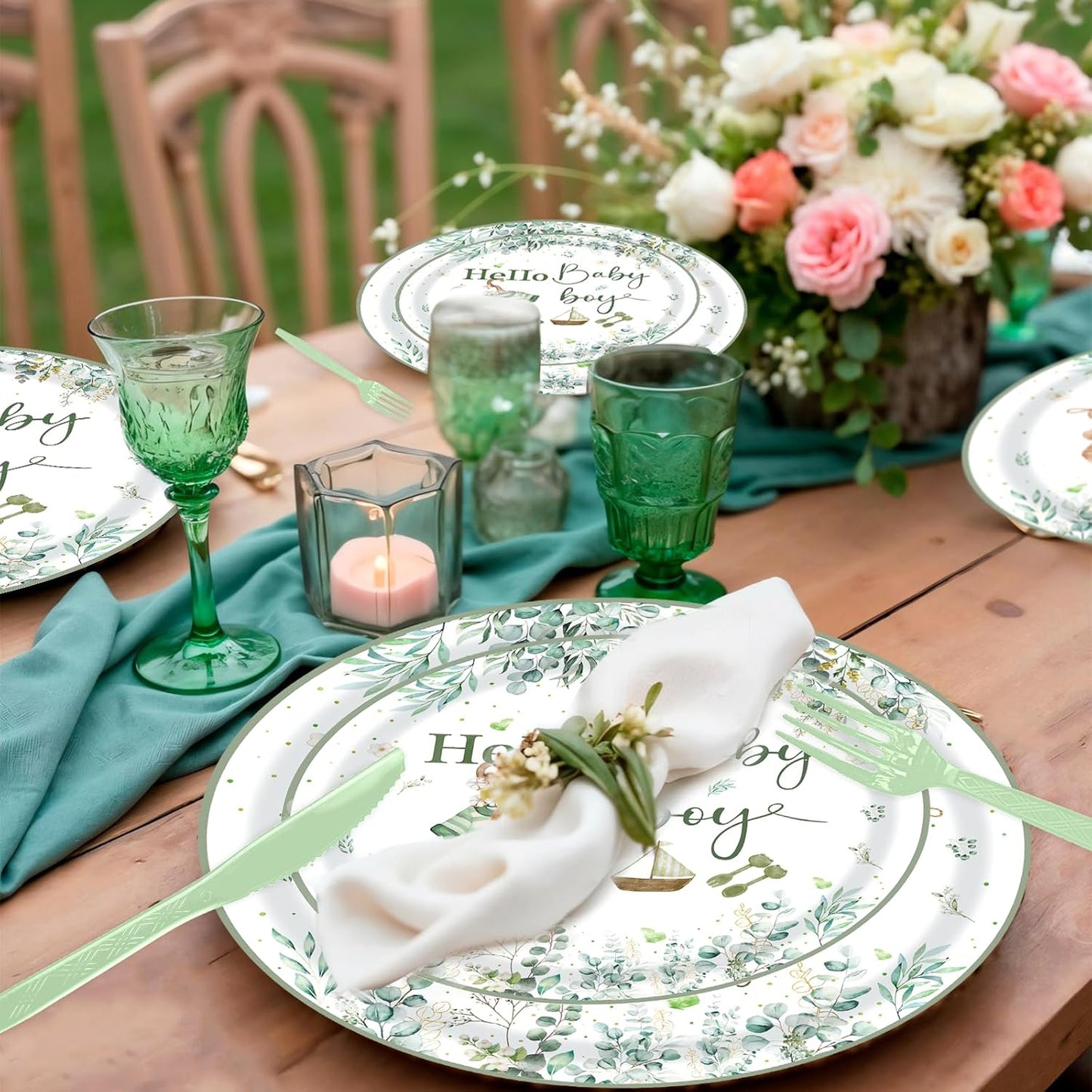 168PCS Greenery Baby Boy Party Supplies A Sweet Boy Is On His Way Party Decorations Watercolor Woodland Babyshower Plates Napkins Cups Forks Knives and Straw Tableware Set Serve 24 Guests