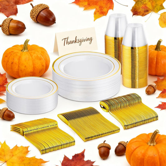 150 PCS Gold Disposable Dinnerware Set for 25 Guests, Gold and White Plastic Plates for Party, 25 Dinner & Salad Plates, 25 Cups, 25 Forks Knives Spoons for Wedding and Party Supplies