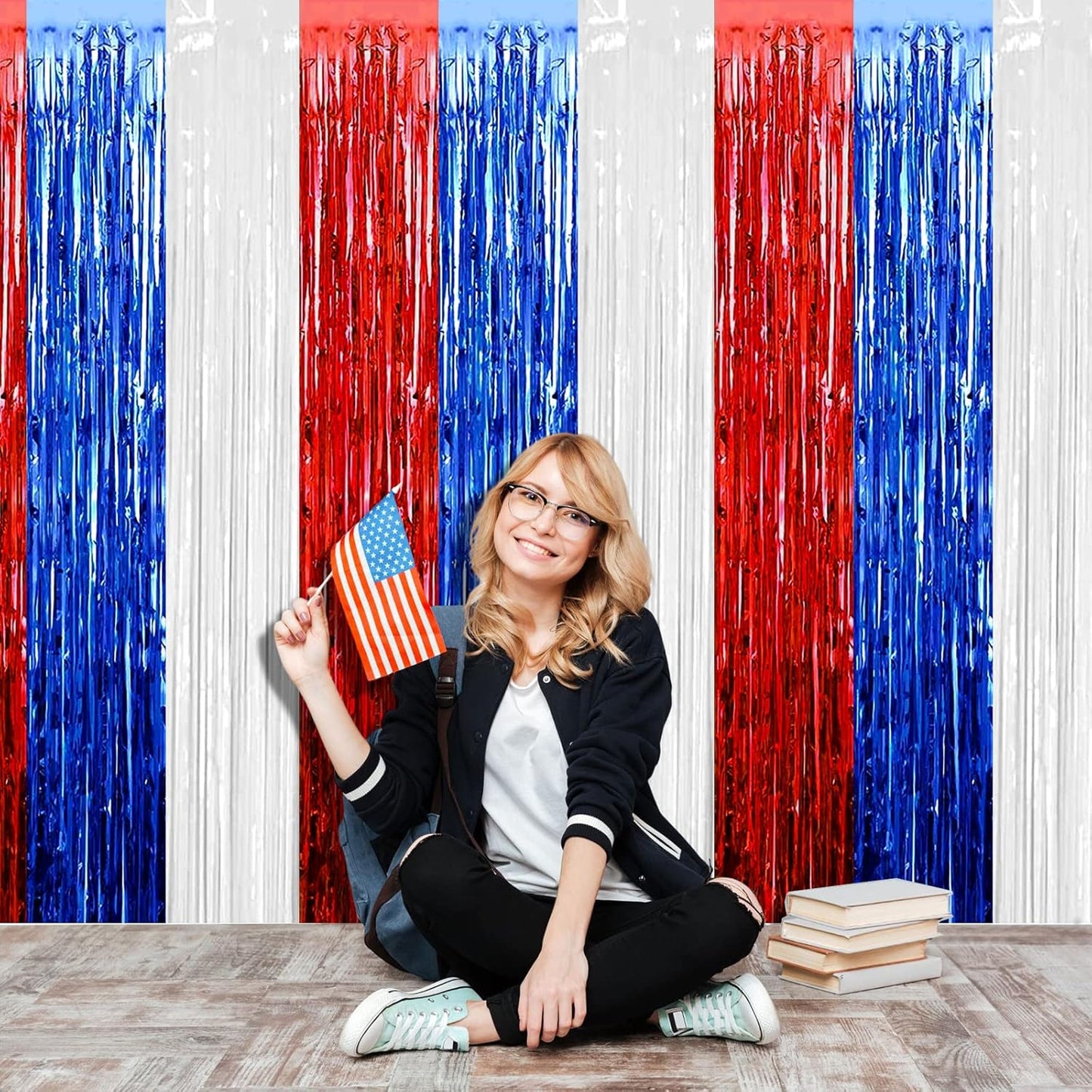 4 Pack 3.2Ft x 6.6Ft Red Blue White Foil Fringe Curtain Backdrop, Metallic Tinsel Foil Fringe Streamers Curtains Background for Photo Booth, Birthday, Wedding, Independence Day Party Decoration