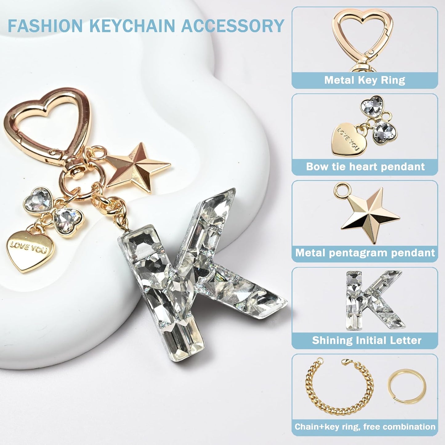 Cute Bling Keychain initial Letter Butterfly Star Pink Purple Gift for Women Girls Bag Cup Charms Accessories