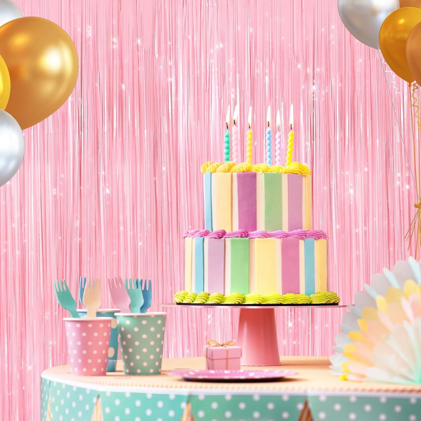 2 Pack Pastel Pink Metallic Tinsel Foil Fringe Curtains, Door Streamers Photo Booth Backdrop for Birthday Party, Tinsel Curtain Backdrop for Baby Shower Bachelorette Christmas Party Decorations
