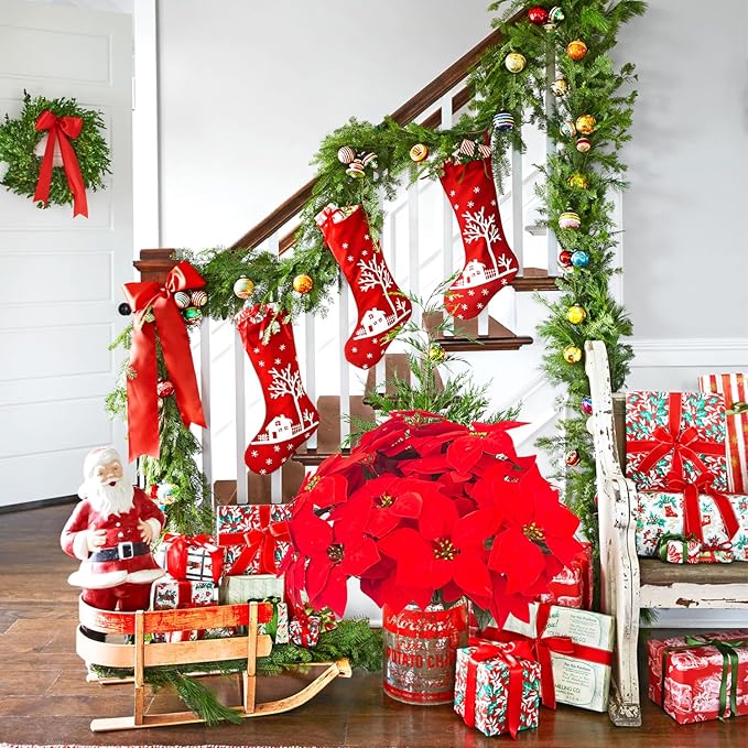 5 Artificial Poinsettia Flowers Bouquet Christmas 7 Heads 19.6”Faux Red Poinsettia Bush Fake Flowers for Home Porch Xmas Tree Garden Indoor Outdoor Office Christmas Decorations