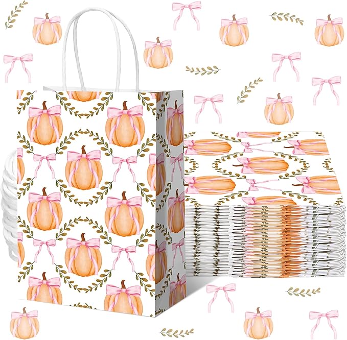 Kolldenn 16 Pcs Coquette Pumpkin Bow Paper Gift Bags Women Birthday Thanksgiving Party Favor Goodie Candy Bags with Handles for Bridal Engagement Party Supplies 8.3 x 5.9 x 3.1 In(White, Pumpkin Bow)