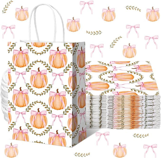 Kolldenn 16 Pcs Coquette Pumpkin Bow Paper Gift Bags Women Birthday Thanksgiving Party Favor Goodie Candy Bags with Handles for Bridal Engagement Party Supplies 8.3 x 5.9 x 3.1 In(White, Pumpkin Bow)