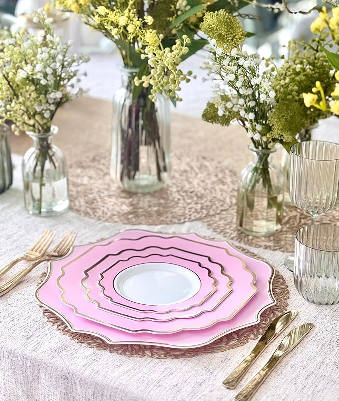 " OCCASIONS " 20 Pieces 13.25'' Scalloped Disposable/Reusable Plastic Charger Plates for Wedding, (Scalloped Imperial Light Pink & Gold)