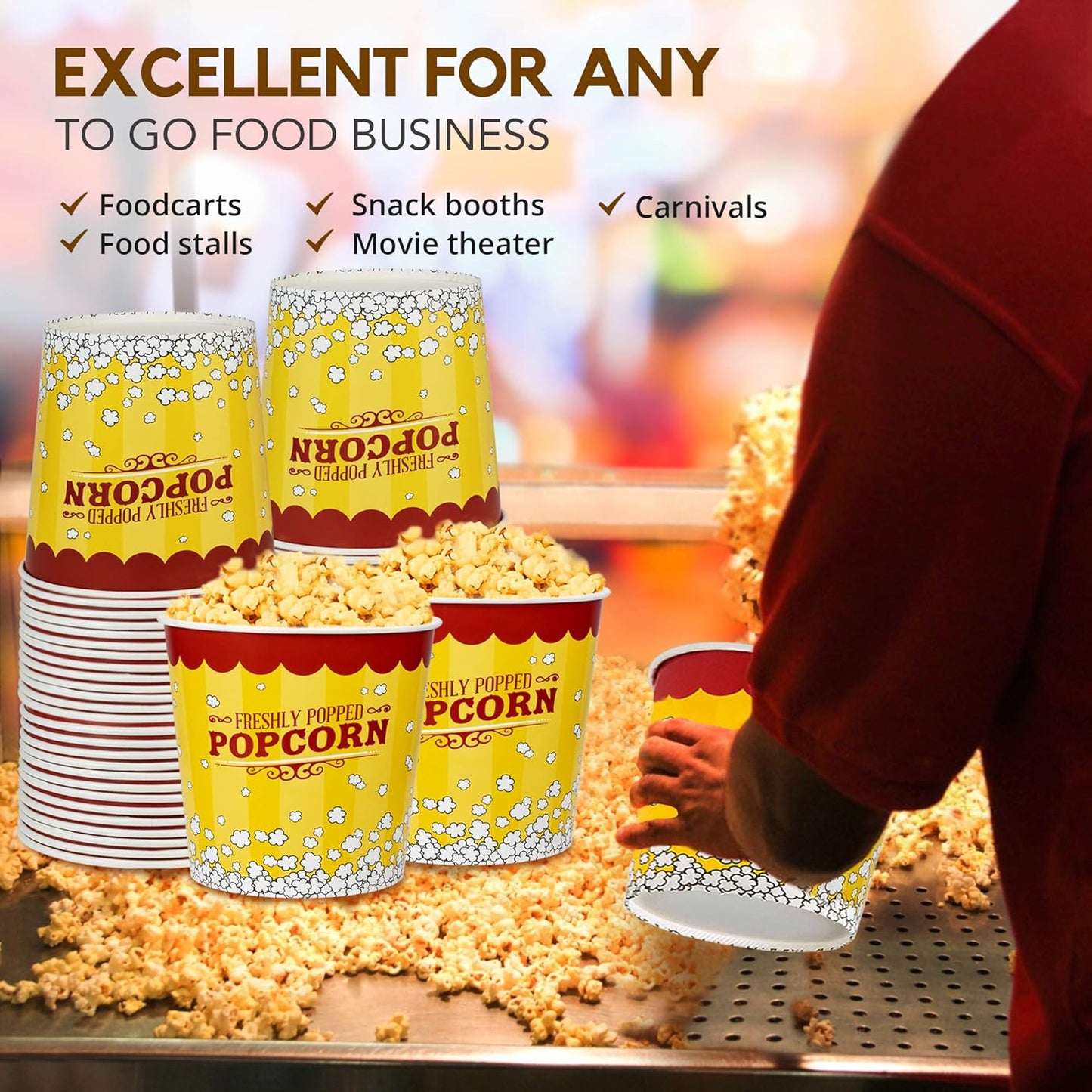 Fit Meal Prep 25 Pack Large Popcorn Buckets Disposable, 130 Oz Yellow and Red Paper Popcorn Containers Tubs for Home and Theater Movie Night