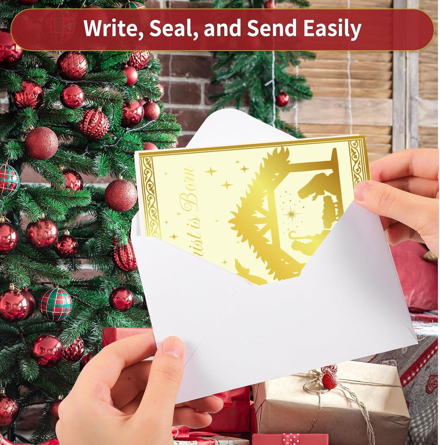 24 Pack Religious Christmas Cards with Envelopes & Stickers, 5x7in Gold Foil Embossed Christmas Greeting Cards Set 6 Designs with Printed Message Inside(Religious Style)