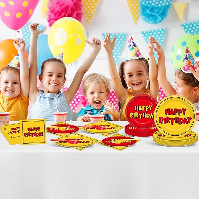 96PCS Cartoon Animation Birthday Paper Plates and Napkins for Cartoon Happy Birthday Party Decorations Red and Yellow Cartoons Animation Dinnerware Set for Boys Girls Kids Party Supplies Serve 24