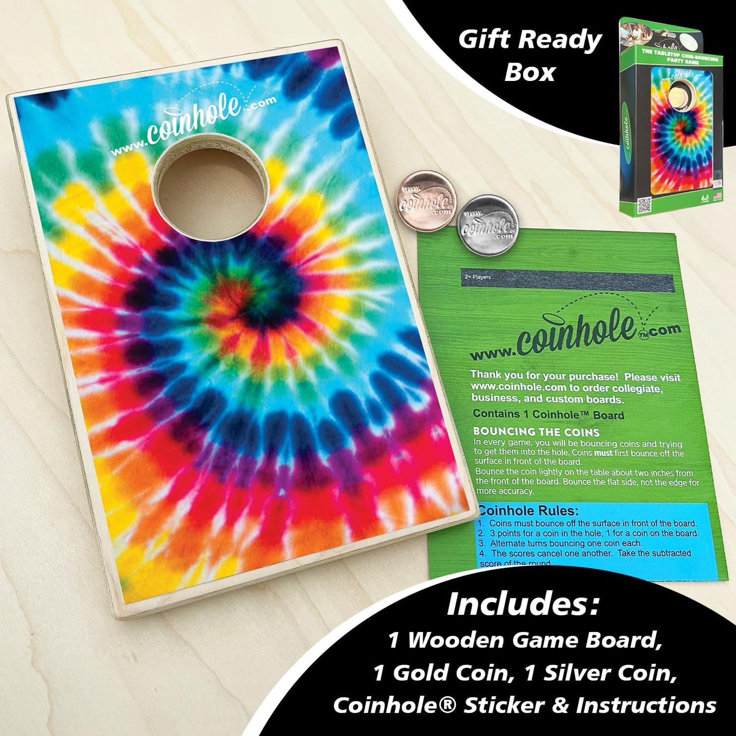 Coinhole Desktop Coin Bouncing Party Game Set | Tabletop Cornhole Board Game | Small Cornhole Travel Game Includes Coins