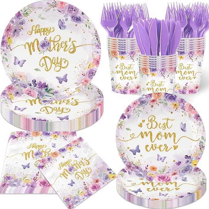 Mother's Day Party decorations 144Pcs Butterfly Floral Mother's Day Plates and Napkins Cups Serve 24 Include Best Mom Ever Plates, Napkins, Cups and Forks for Spring Birthday, Mothers Day, Tea Party