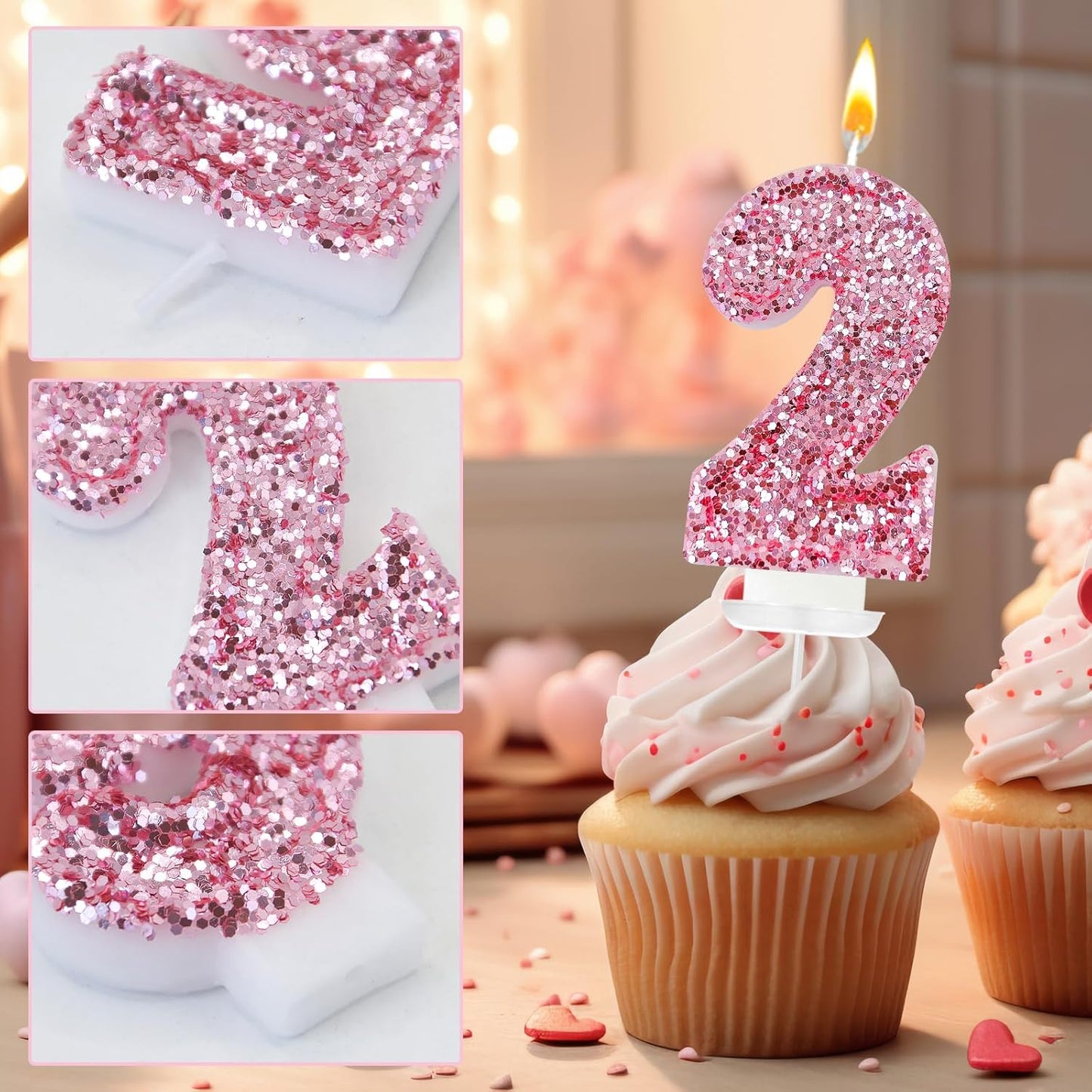 Birthday Number Candles, Glitter Number Candle Cake Decorations with Sequins, Cupcake Decorations for Girls, Women, Party Anniversary Celebrations (Number 2, Pink)