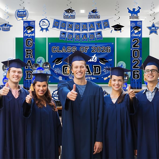 Graduation Decorations Class of 2026 Blue Party Decor Set include Congrats Grad Banner Graduation Backdrop Class of 2026 Balloons Party Supplies