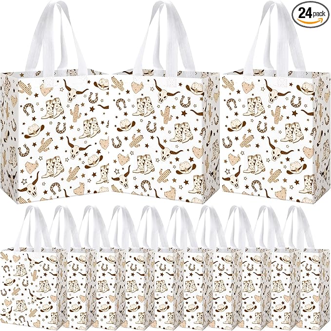 Supervitae 24 Pack Brown Cowboy Gift Bags Medium Western Cowboy Theme Party Decoration Supplies Reusable Non Woven Totes for Rodeo Birthday Themed Supplies Favor(9.8" x 7.9" x 3.9")