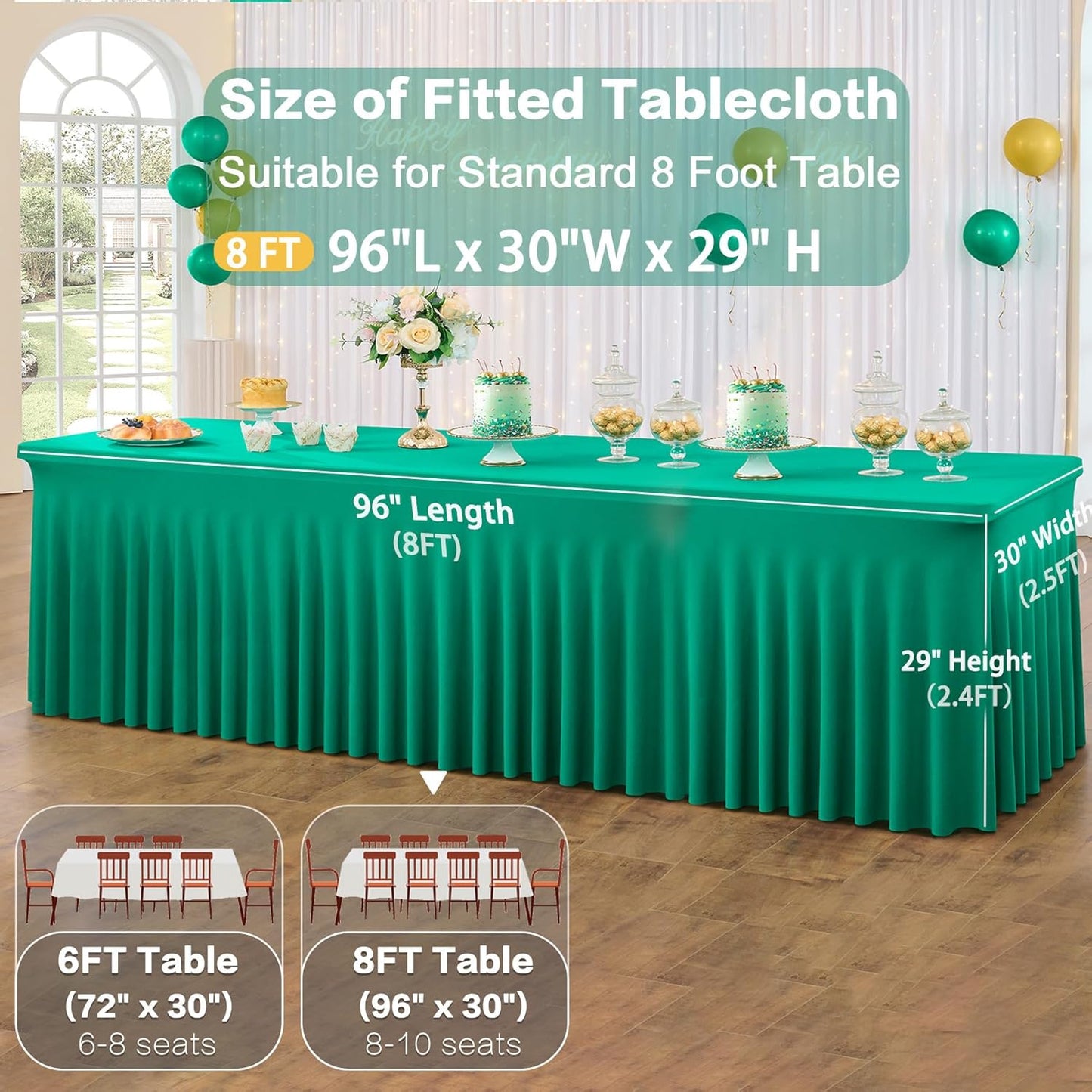2 Pack Emerald Green Spandex Tablecloths for 8 Foot Rectangle Tables, Wrinkle Free Fitted Table Cloths Green 8ft Stretchy Table Cloth Cover with Skirt for Parties Weddings Birthday Banquet Baby Shower