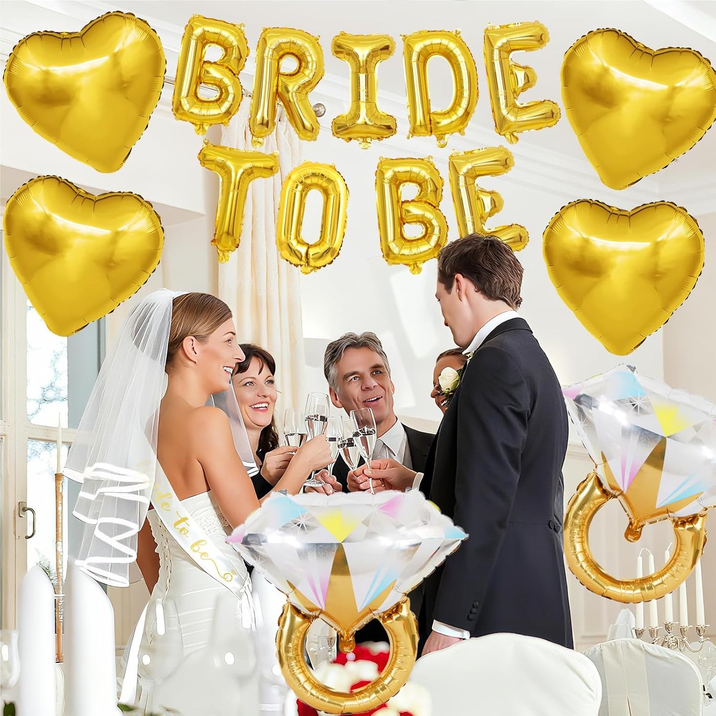 Gold Bachelorette Party Decorations, Gold Bride to Be Banner Heart Balloons with Diamond Ring Foil Balloon, Bride to Be Sash&Veil for Bachelorette Engagement Gift Bridal Shower Party Supplies