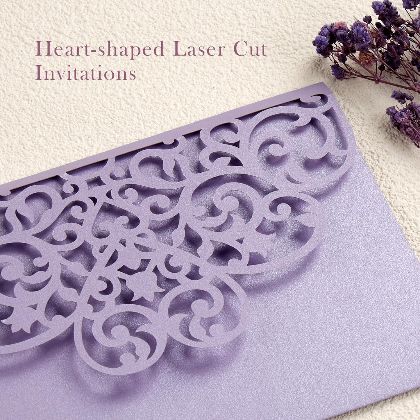 50 pcs Purple Wedding Invitations 5×7 Personalized Invitations with Envelopes and RSVP Cards Blank Birthday Invitations Laser Cut Hollow Out Invitation Kits for Engagement Sweet 16 Quinceanera Bridal Shower
