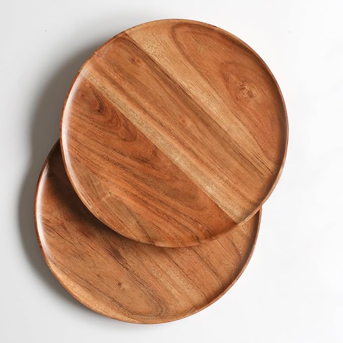 Lightnpro Acacia Round Wooden Charger Plates - Appetizer Plates, Centerpiece Tableware, Service Plates for Salad, Sandwiches, Burgers, Dinner, Lunch, Weddings, Catering - Set of 4, 10 Inch, Natural